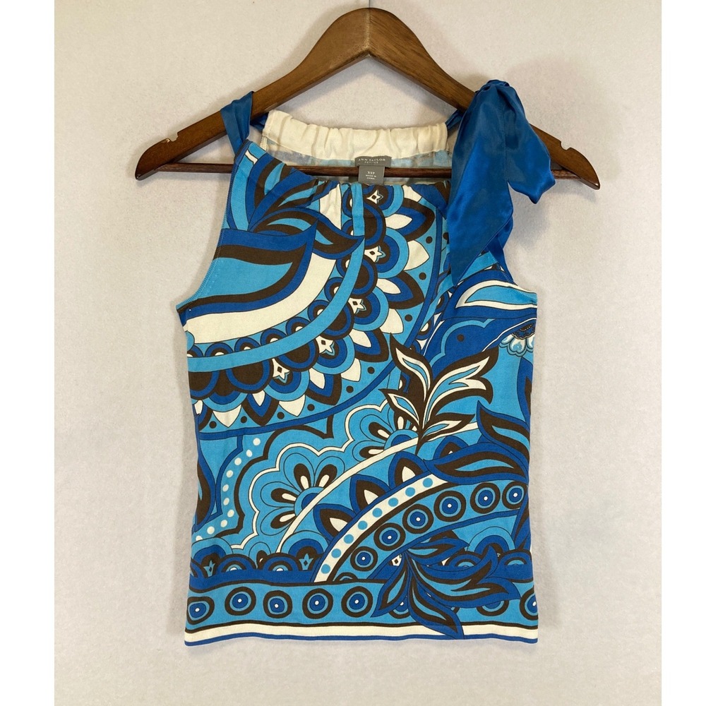 Retro Mod Ann Taylor Petites Women XSP Blue Abstract Paisley Silk Tie Halter Top